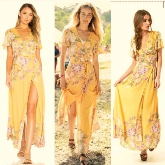 Spell and the Gypsy Blue Skies Yellow Maxi Wrap Dress Size M NWT - Picture 4 of 16